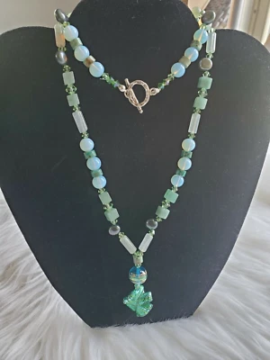 Venetian Glass Beads Quartz Turquoise Swarovski Pearl Sterling Silver Necklace - Image 1 of 4