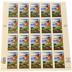 1999 CALIFORNIA STATEHOOD 20 Stamp 33c Self Adhesive Souvenir Sheet USPS - Picture 1 of 1