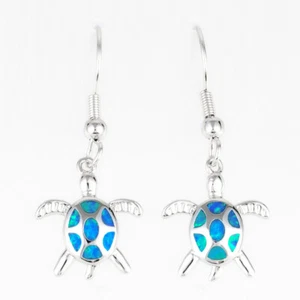 Hawaiian Aloha Turtle Ocean Blue Fire Opal Silver Jewelry Dangle Drop Earrings - Picture 1 of 6