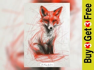 Lebendige Kohle & Tinte Skizze Fuchs, künstlerischer Druck 5"x7" auf mattem Papier" - Bild 1 von 6