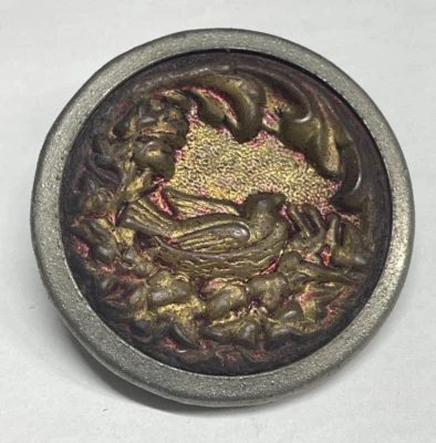 Antique Vintage Picture Button Bird Sitting On Nest 1-3/8 Inch - Image 1 of 2