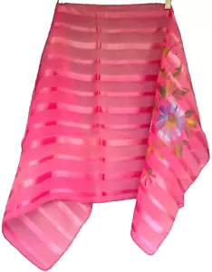 Bufanda a Rayas Satén Transparente Rosa 21" X 21" Azul Pintado a Mano Flores - Imagen 1 de 6
