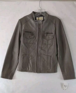 NWT Michael Kors Gray/Taupe Leather Moto Jacket Zip Women's L  - Picture 1 of 12