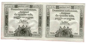 2 X FRANCE ASSIGNAT FRENCH REVOLUTION LOT 15 sols 1792 ( No084 ) TOP QUALITY UNC - Picture 1 of 2