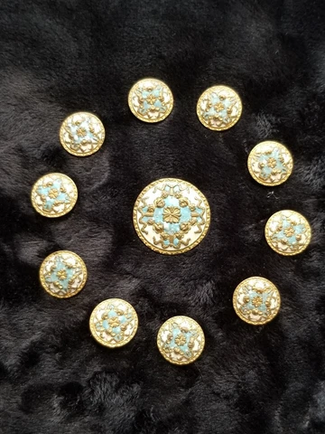 Antique Victorian Czech Blue Champleve Button Enamel /Brass Set Of 11 Cover