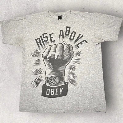 Y2K OBEY T-Shirt Mens Medium Short Sleeve Rise Above Skateboard Gray Fist - Image 1 of 4