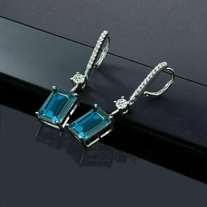 Emerald Created London Blue Topaz Dangle Earrings 14K White Gold Plated Silver - Picture 1 of 4