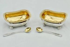 RARE PAIR of GEORGE IV HM STERLING SILVER GILT SALTS and SALT SPOONS 1820 - Picture 1 of 21