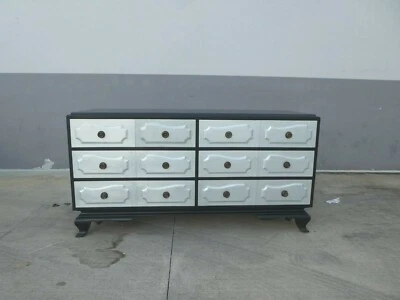 GROSFELD HOUSE HOLLYWOOD REGENCY HOJA DE PLATA Y MANCHA NEGRA CÓMODA LARGA Foto 1 de 4