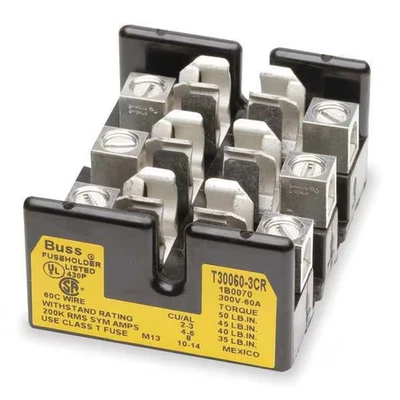 Eaton Bussmann Fuse Block T Class 300V 3 Pole 31-60A Open Box Lug Bolt Mount — 第 1/3 张图片