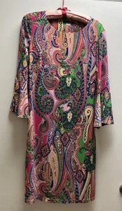 TOMMY HILFIGER SZ 8 MULTICOLOR PAISLEY STRETCHY SHIFT DRESS 3/4 BELL SLEEVE New - Picture 1 of 9