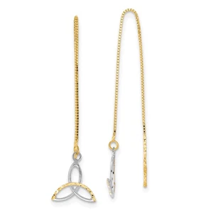 14k Yellow Rhodium Gold Celtic Trinity Knot Threader Earrings Spiritual Dangle - Picture 1 of 6