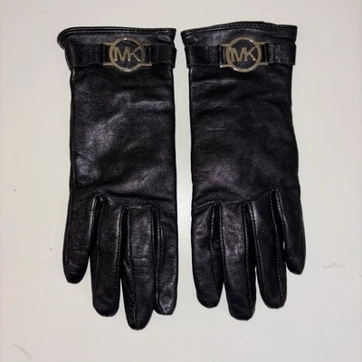 Guantes de cuero para mujer Michael Kors marrón, talla pequeña S con logotipo MK encanto Foto 1 de 4