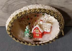Vtg Handmade Egg SItting Christmas WInter House Ornament Diorama Beaded MCM 60s - Picture 1 of 3