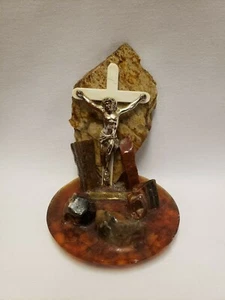 Jesus on Cross Figurine Vintage Petrified Wood - Picture 1 of 9