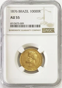 1876 GOLD BRAZIL 10000 REIS PEDRO II COIN NGC ABOUT UNC 55 - Picture 1 of 2