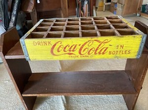 Coca-Cola Bottle Holder Vintage Crate 24-Bottle Divided Yellow Coke Wood Carrier