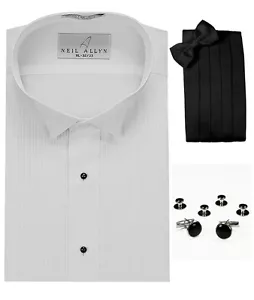 Wing Collar 1/8" Pleats Tuxedo Shirt, Cummerbund, Bow-Tie, Cuff Links & Studs - Picture 1 of 2