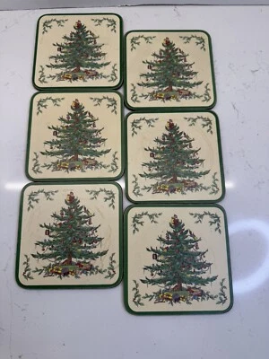 Vintage Holiday Spode Christmas Tree Party Coasters Set of 6 Cork Back - F - Image 1 of 4