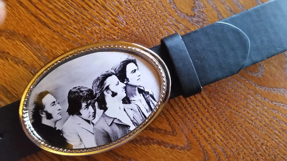 Beatles Epoxy Photo Belt Buckle & 1 1'2" Black Bonded Leather Belt - Image 1 of 1