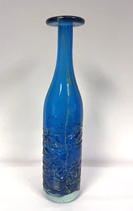 Vintage 1970s Tall Handblown Blue Summer Glass Threaded Bottle Vase Mdina Malta - Picture 1 of 9