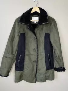 Coldwater Creek Size MEDIUM Jacket Women's Fur Lined Coat Green Black Button - Picture 1 of 6