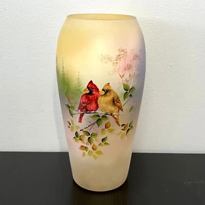Fenton Amber Glass Cardinal Pair Bird 11in Vase Ltd Ed #12/36 M Kibbe - Picture 1 of 13
