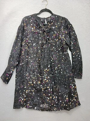 Club Monaco Shift мини-платье 0 угольно-черный цветочный длинным рукавом шелк - Изображение 1 из 4