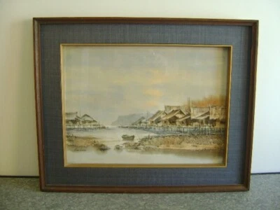 Arte enmarcado Boon Leau original acuarela artista vietnamita pueblo pesquero Foto 1 de 4