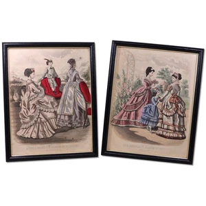 MME Demorest's Mirror of Fashions 1869 Hand Colored Art Plates Framed 1 pair - Picture 1 of 10