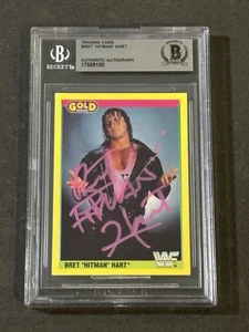 BRET HART 1992 MERLIN GOLD WWF SIGNED AUTOGRAPHED CARD BECKETT BAS AUTHENTIC - Picture 1 of 2