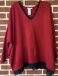 Chico’s roter Pullover mit schwarzem Spitzenbesatz Seitenschlitze Gr. L-XL - Bild 1 von 5