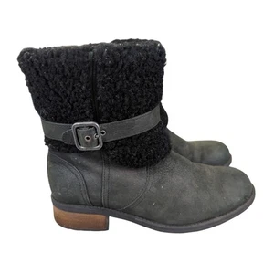 UGG Blayre II Black Leather Shearling Cuff Moto Ankle Boots Womens 7.5 1008220 - Picture 1 of 8