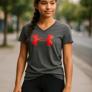 Under Armour Girls Shirt Sz L Loose HeatGear Tee Gray Neon Orange V-Neck - Picture 1 of 8