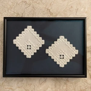 Crocheted Hardanger Coasters Doilies Framed White w/ Provenance Hand-Made Boho - Picture 1 of 8