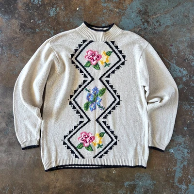 Suéter Cottagecore Vintage Años 90 Talla M Floral Algodón Mezcla Lino Bronceado Coqueta Foto 1 de 4