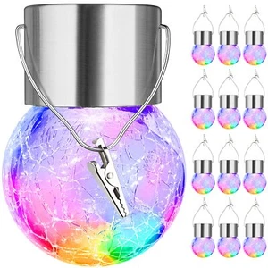 12-Pack Hanging Solar Lights, Decorative Cracked Glass Ball Light, Multicolor... - Picture 1 of 8