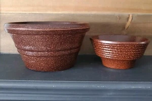 Vintage German Ringware Glazed Footed Terra Cotta Bowl Set of Two Boho Adult's - Picture 1 of 13