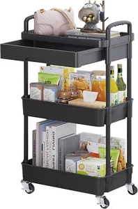 Rolling Utility Cart with Drawer,Multifunctional Storage Organizer 3-Tier Black - Picture 1 of 2