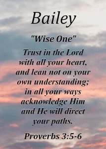 Bailey "Wise One" Keepsake Name Meaning Card with Bible Verse - Picture 1 of 1