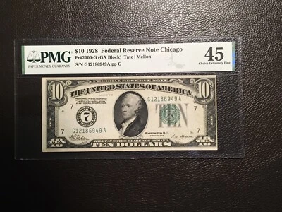 10.00 1928 federal reserve note Chicago PMG 45 choice extremely fine Fr2000G - Image 1 of 2