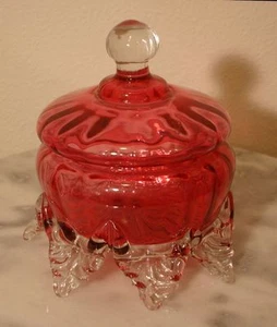 Victorian Antique Art Glass Ruby Covered Dresser Box Applied Crystal Feet - Picture 1 of 2