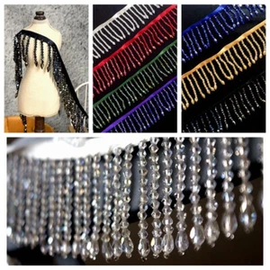 1M Acrylic Crystal Beaded Tassel Fringe Lace Trim Costume Curtain Upholstery Sew - Picture 1 of 19