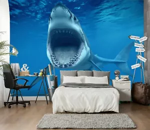 3D Big Shark ZHU332 Animal Wallpaper Wall Mural Removable Self-adhesive Zoe - Picture 1 of 5