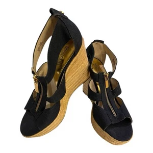Michael MICHAEL KORS Berkley Wedge Platform Sandal Navy Canvas Zip US 7.5M VGC - Picture 1 of 8