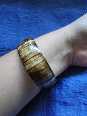 Chunky Bangle Brass Sealed Wood Inlay Artsy Boho 8" Around - Image 1 of 4