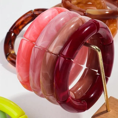 Bamboo Tube Acrylic Beaded Bracelet 4 Pc Chunky Strand Bangle Women Jewelry - Image 1 of 4