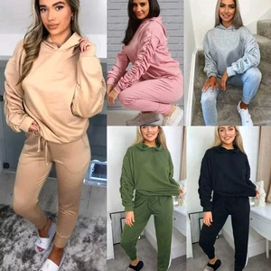 Women's Ruched Sleeve Tracksuit Ladies Hoodie top and Bottom Suit Lounge Set - Picture 1 of 7