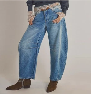 We The Free People Good Luck Mid Rise Barrel Jeans Womens Sz 27 Blue Denim - Picture 1 of 12