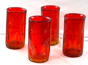Lot of 4 Tangerine Amberina Dimpled Crackle Glass Tumblers Blown Art Glass 5.5 " - Picture 1 of 7